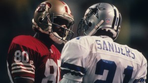 Deion Sanders and Jerry Rice square up during an NFL game.