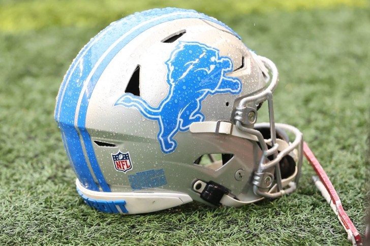A general view of a Detroit Lions helmet
