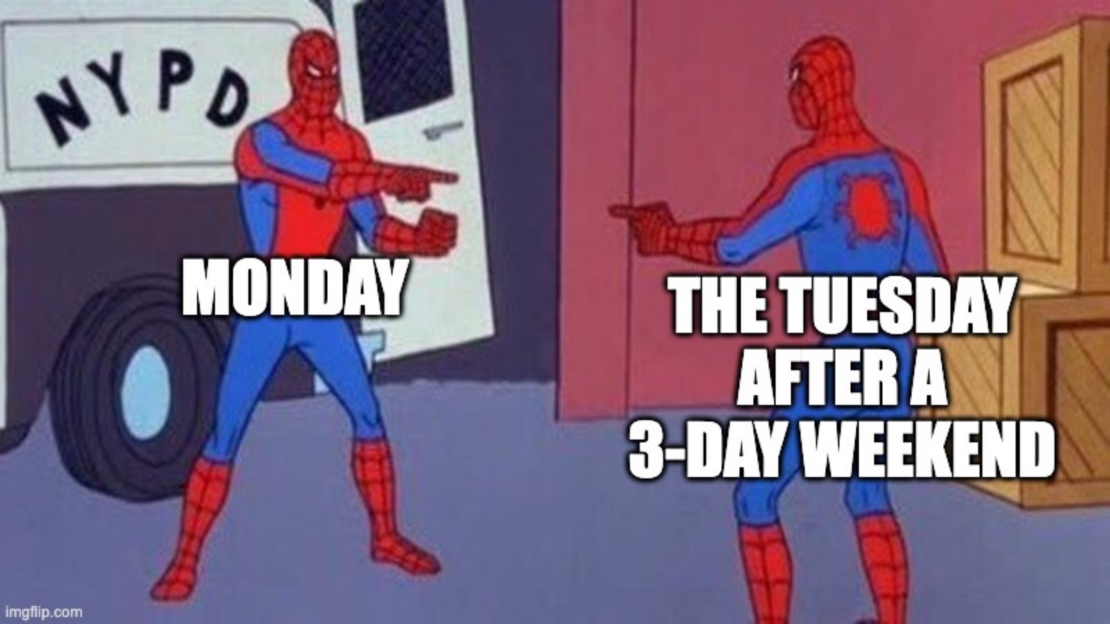 funny meme about long weekends and Spider-Man pointing