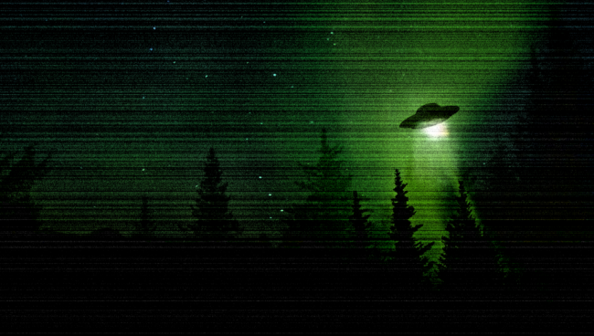 green ufo above forest
