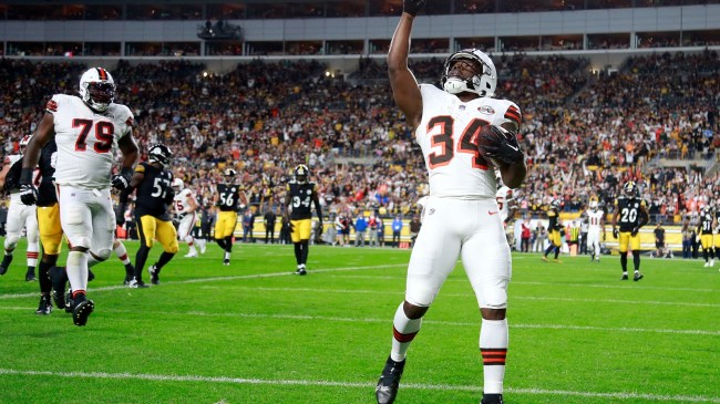 Jerome Ford celebrates a touchdown catch against the Steelers.