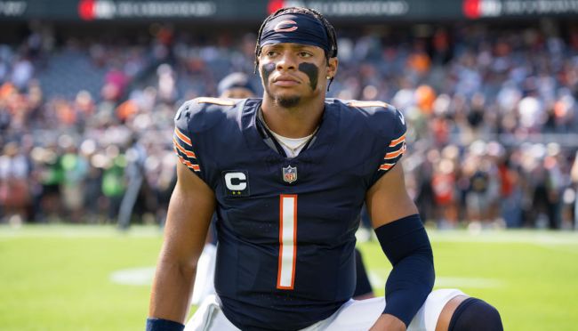 justin fields in a blue chicago bears jersey