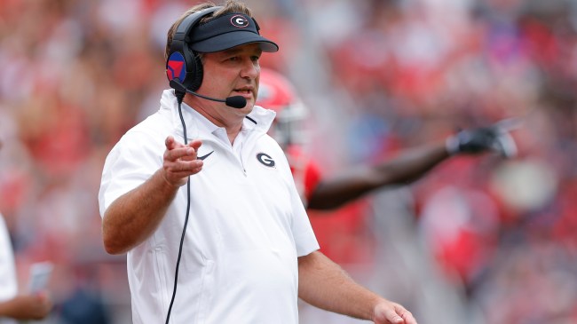 Kirby Smart reacts to a play from the sidelines during a game against South Carolina.