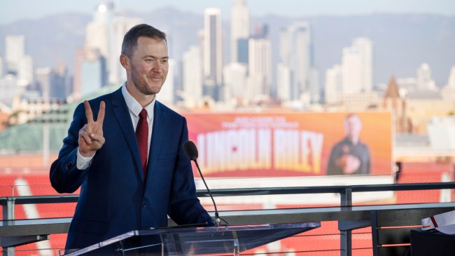 Lincoln Riley speaks to the media in Los Angeles.