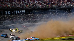 Drivers get in a pileup during a NASCAR Craftsman Truck Series race at Talladega.