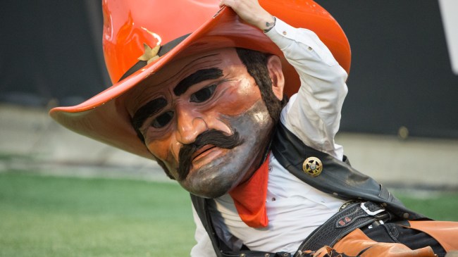 Oklahoma State mascot Pisto Pete on the field during a game.