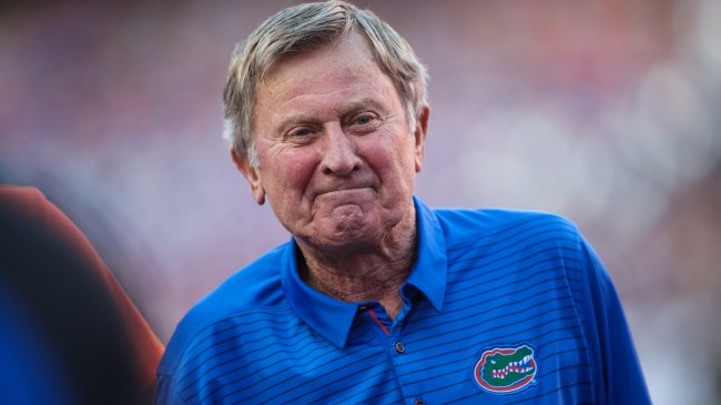 Steve Spurrier on the field before a Florida Gators football game.