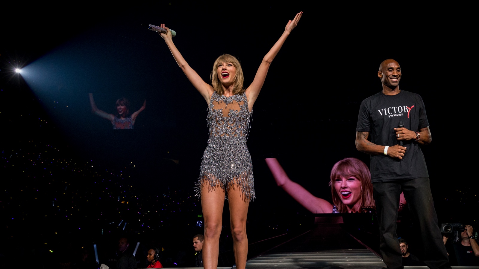 Taylor Swift and Kobe Bryant on stage at the Staples Center in August 2015