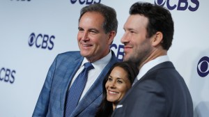 Tony Romo and Jim Nantz pose for a photo with sideline reporter Tracy Wolfson.