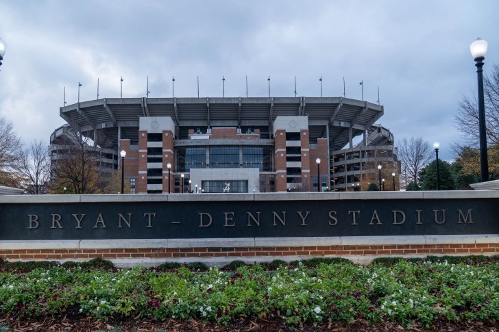 Bryant-Denny Stadium on the campus of The University of Alabama on a cloudy day.