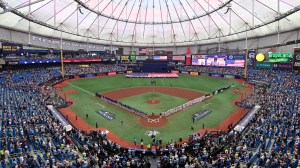 A view of Tropicana Field before a playoff game between the Rays and Rangers.