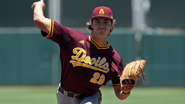 An Arizona State pitcher delivers to the plate during a game.