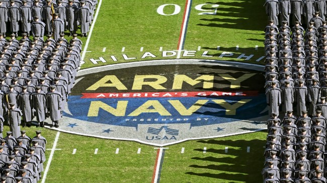 An Army-Navy Game logo at midfield in 2022.