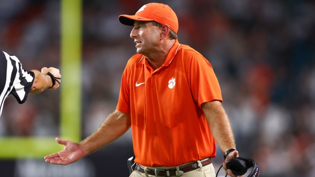 Dabo Swinney questions a call during a game between Clemson and Miami.