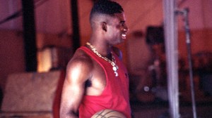 Deion Sanders films a Nike ad as a member of the Atlanta Falcons and Braves.