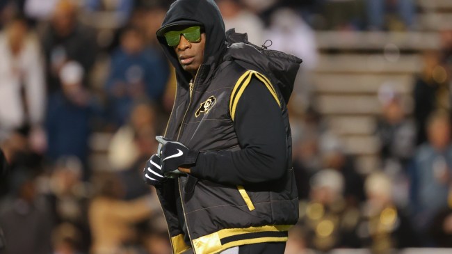 Deion Sanders on the field before a Colorado football game.