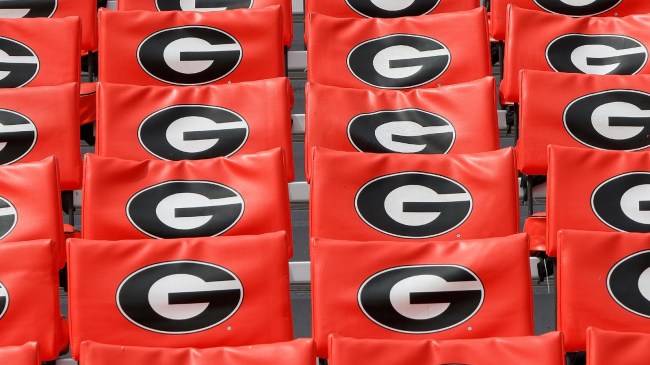 Georgia logos on stadium seats in Sanford Stadium.