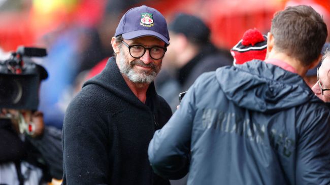 hugh jackman at wrexham match with ryan reynolds