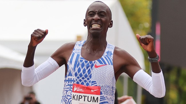 Kelvin Kiptum crosses the finish line at the Chicago Marathon.