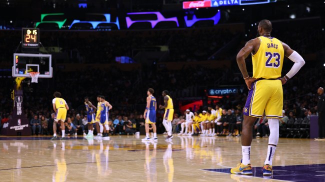 LeBron James on the court during a game against the Warriors.