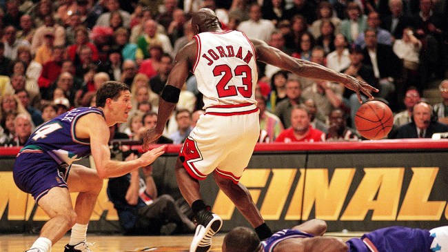 Michael Jordan competing against the Utah Jazz during the 1997 NBA