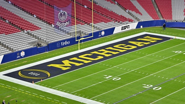 A Michigan logo in the endzone at the Fiesta Bowl.