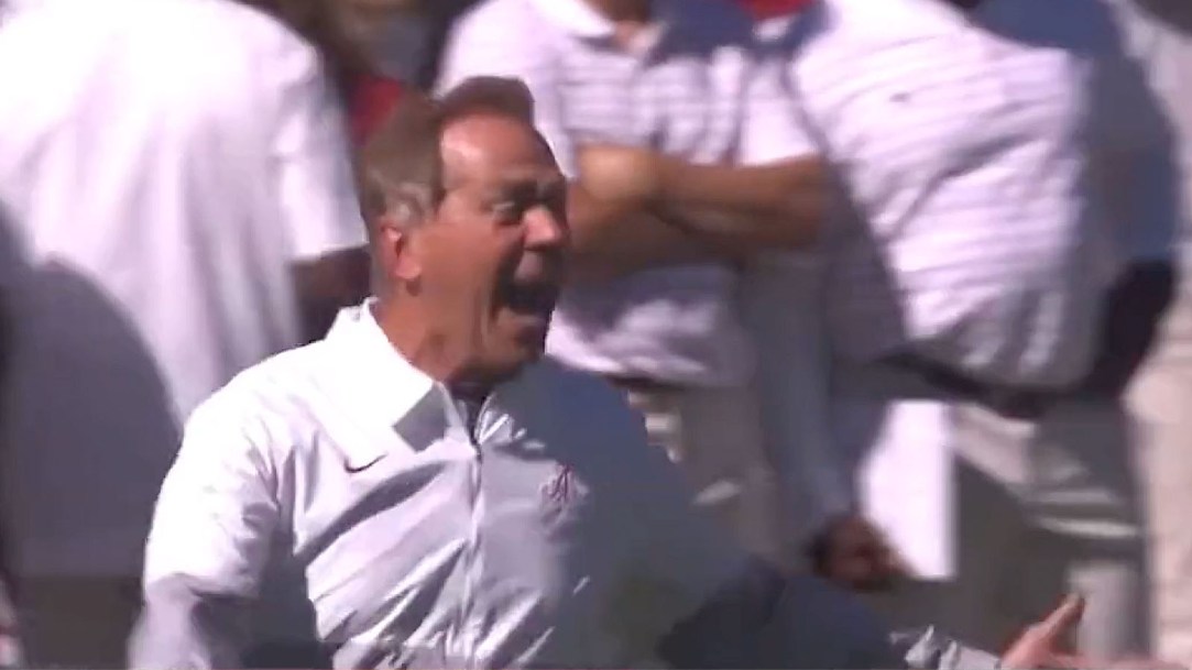 Nick Saban Melt Down Angry Yell Scream Arkansas Alabama Penalty