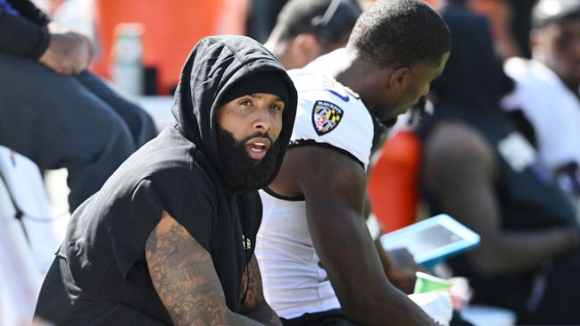 Odell Beckham Jr. #3 of the Baltimore Ravens looks on from the sidelines