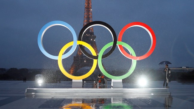Olympic rings in front of the Eiffel Tower in Paris