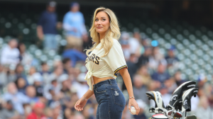 paige spiranac throws first pitch brewers game