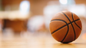 A basketball on the court.