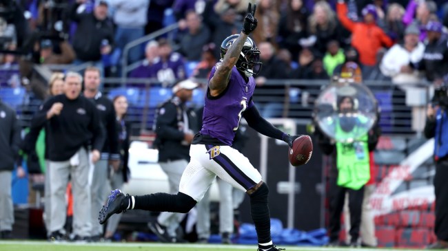 Odell Beckham Jr celebrates during a touchdown catch.