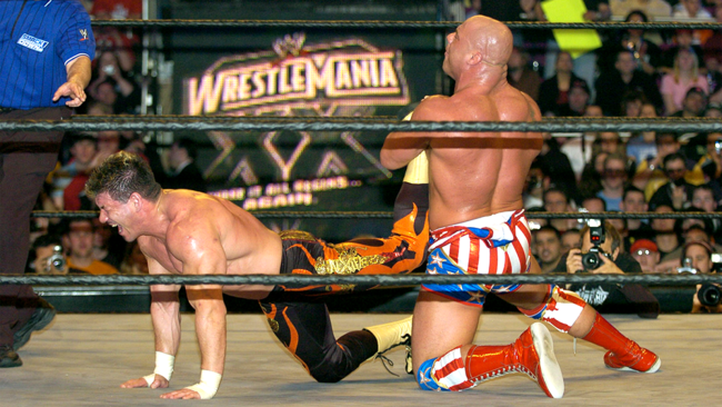 Kurt Angle and Eddie Guerrero during Wrestle Mania XX