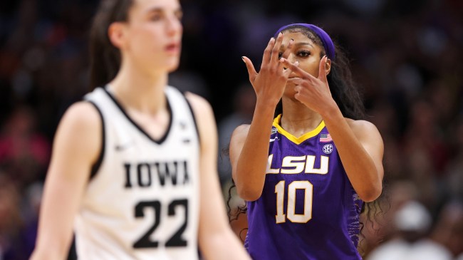 Angel Reese taunts Caitlin Clark after LSU's national championship win.