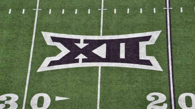 A Big XII logo on the football field at Kansas State.
