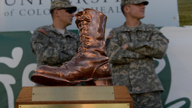 The Bronze Boot trophy on the sidelines of a Colorado State-Wyoming football game.