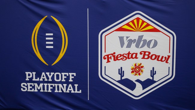A College Football Playoff logo at the Fiesta Bowl.
