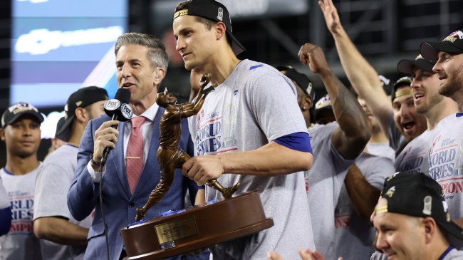 Corey Seager accepts the MVP award after the Rangers won the World Series.
