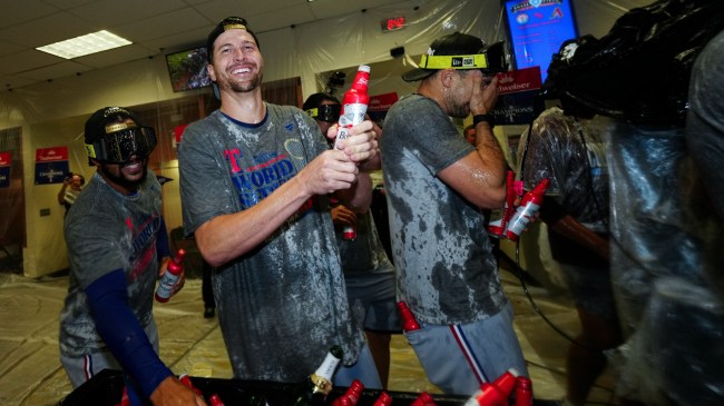 Jacob deGrom celebrates a World Series championship with the Rangers.