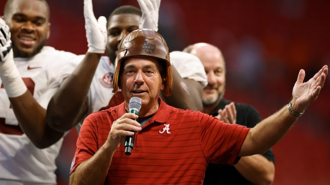 Nick Saban celebrates a win at Mercedes-Benz Stadium.