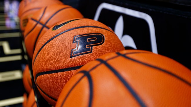 A Purdue logo on a basketball.