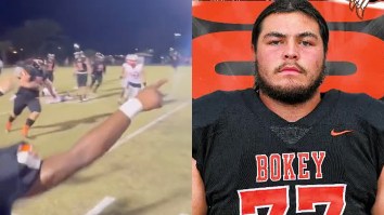 High School Football Team Goes BONKERS As Giant Lineman Mauls EVERYONE After Catching Deflected Pass