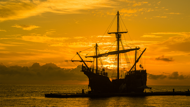 spanish galleon at sunrise