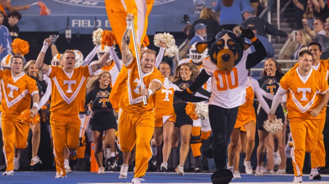 Tennessee players run onto the field before a game against Kentucky.