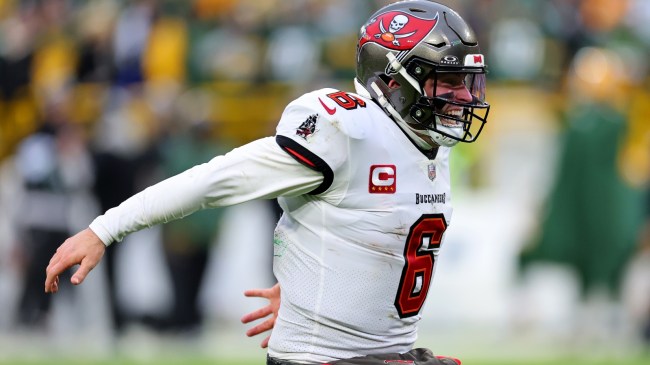 Bucs QB Baker Mayfield celebrates a play against the Packers.