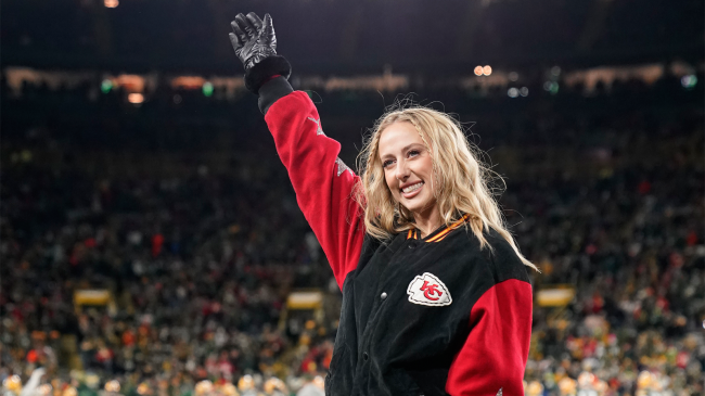 Brittany Mahomes wife of Patrick waves before the game