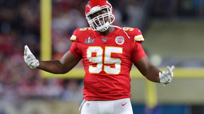 Chris Jones reacts to a play during a Kansas City Chiefs game.