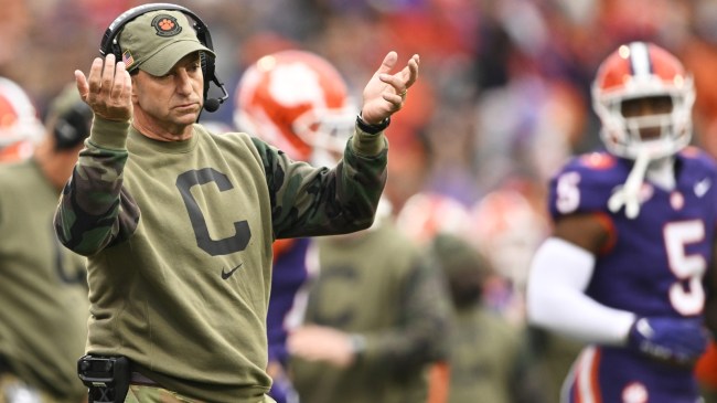 Dabo Swinney reacts to a call during a game between Clemson and Georgia Tech.
