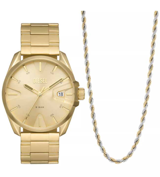 Diesel Men's Ms9 Three-Hand Date Gold-Tone Stainless Steel Bracelet Watch and Necklace Set