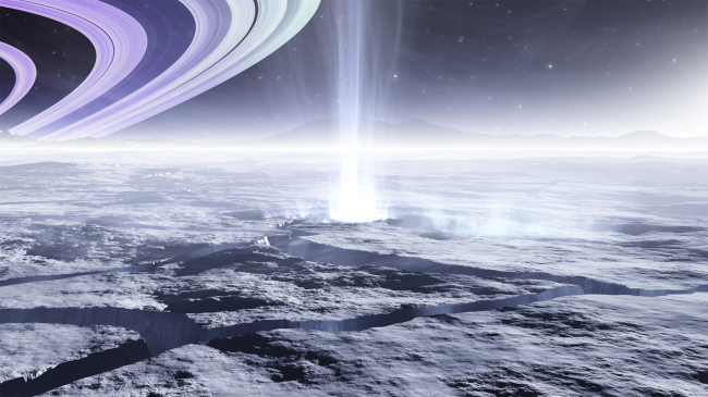 Enceladus moon of planet Saturn with water geysers ice plumes